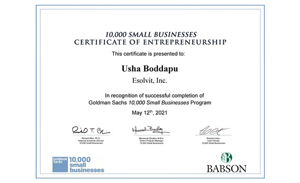 GoldmanSac's 10,000 National Entrepreneurship Program from Babson College_Usha Boddapu CEO Esolvit, Inc.