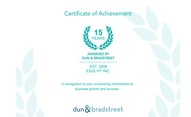 Esolvit 15th Anniversary Dun&Bradstreet Certificate of Appreciation