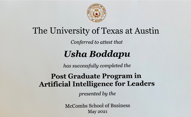 Usha-Boddapu Post-Graduation Artificial Intelligence Certificate from UT Austin