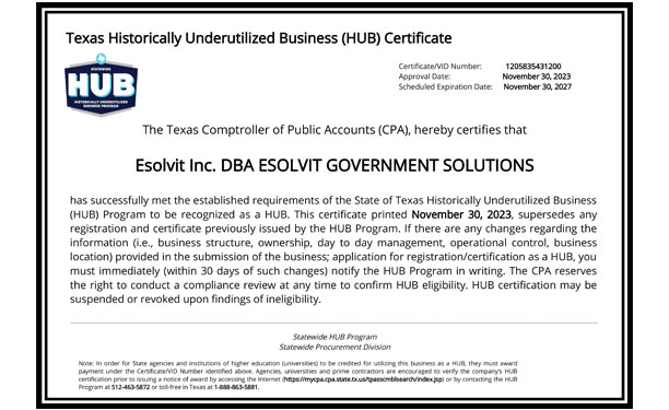 HUB Certificate from State of Texas CPA_2019_2023_ESOLVIT, INC.