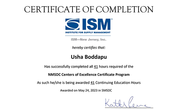 ISM Completion Certificate from NMSDC