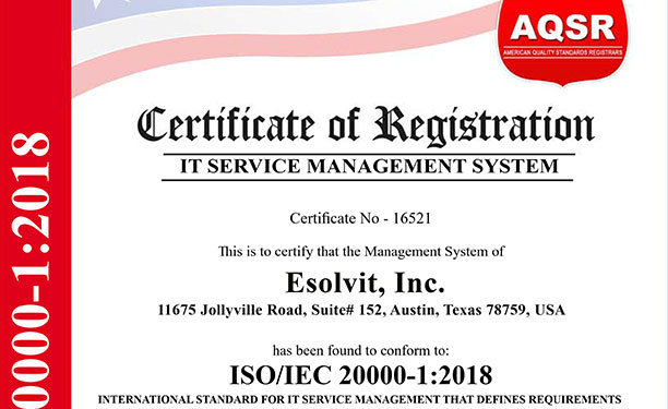 Esolvit Inc is a Certified Practitioner for ISO/IEC 20000-1:2018 for IT Service Management System