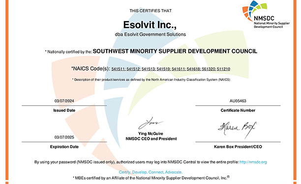 Esolvit National Minority Certification From NMSDC
