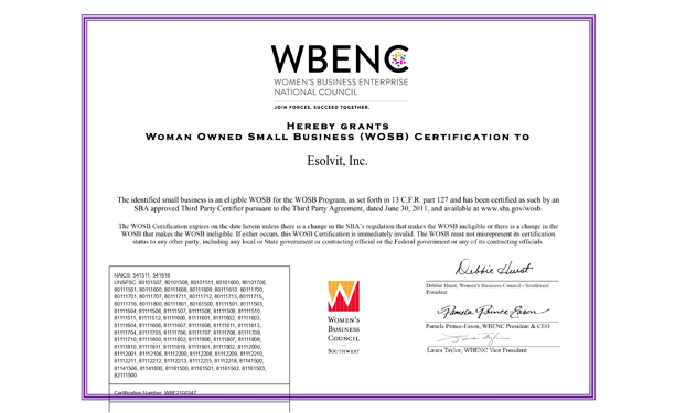 Esolvit_WOSB_National WBENC_Certificate